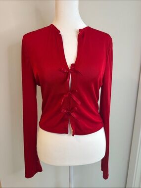 SHEIN Red Long-Sleeve Tie-Front Crop Top with Bows